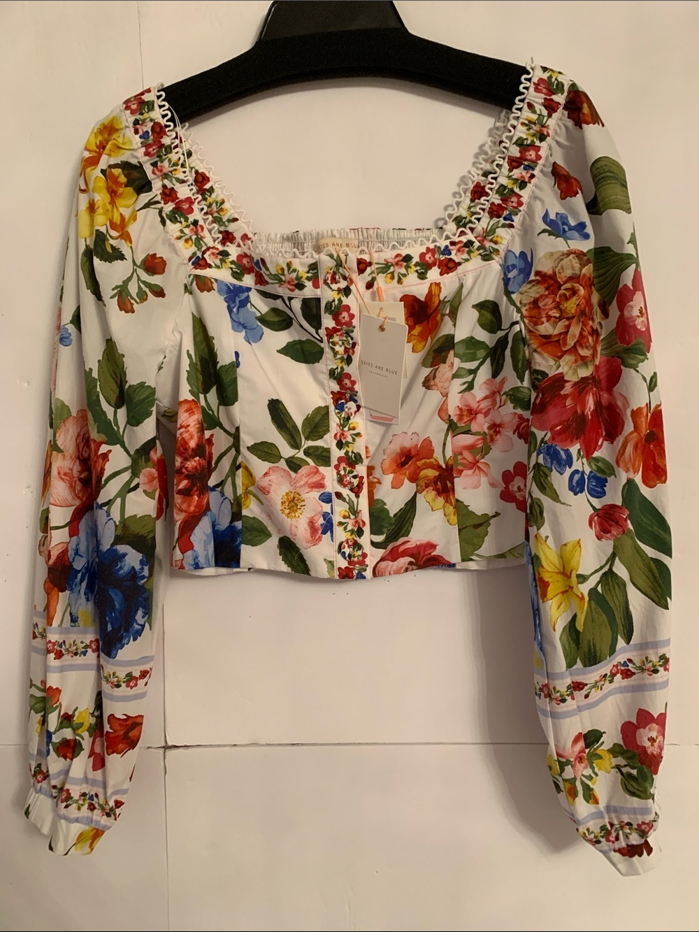 NWT Skies Are Blue White Floral Square-Neck Puff Long Sleeve Crop Top Size MP